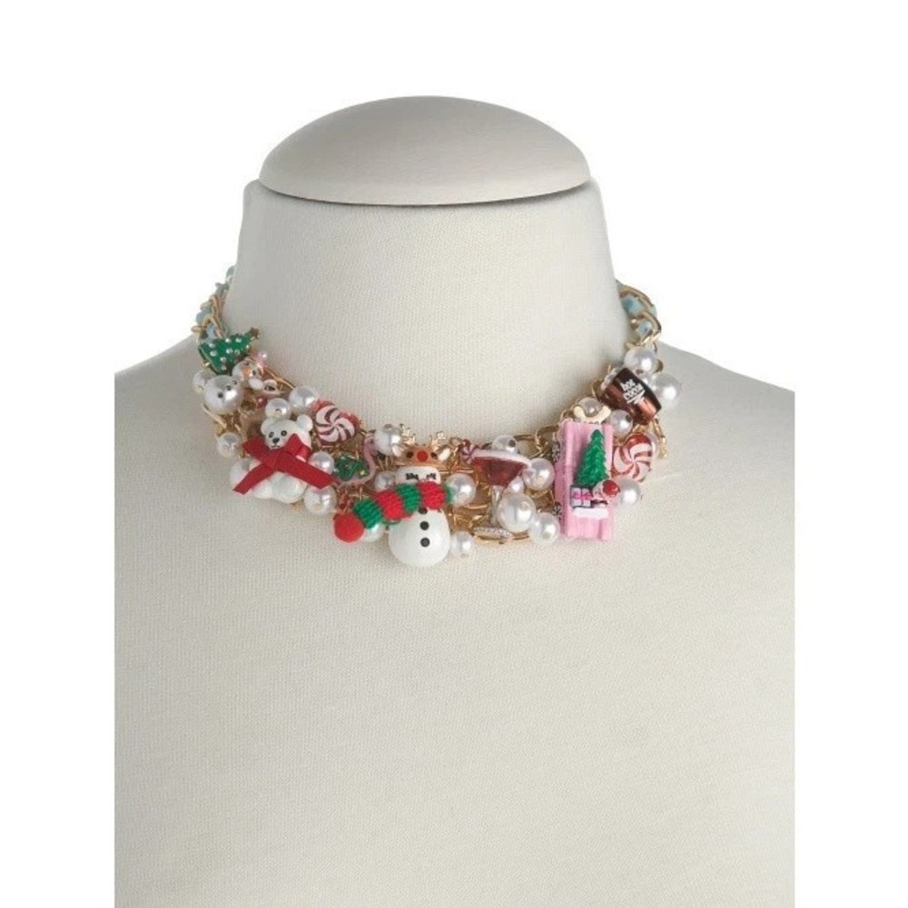 NWT Betsey Johnson Christmas Statement Necklace Bib Charm Gold  Pearls Baubles